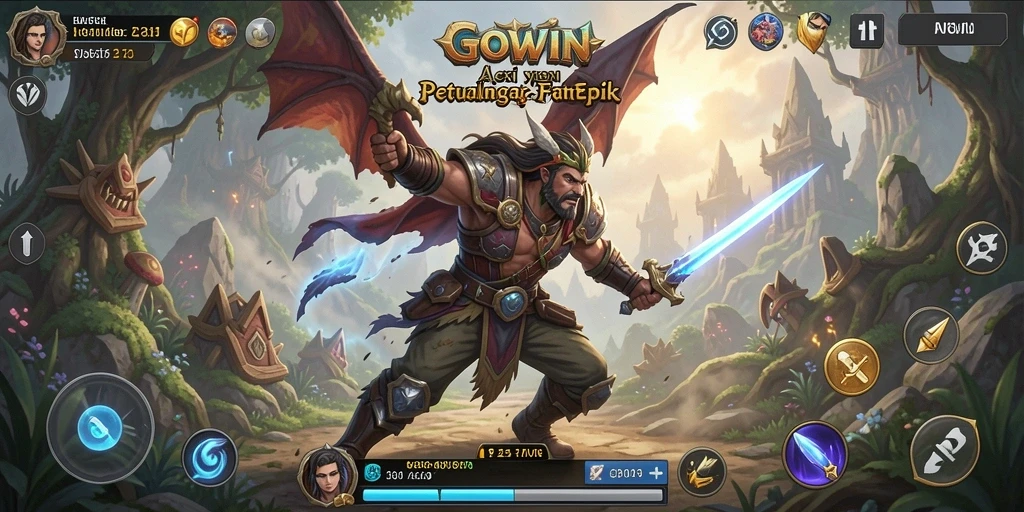 Tangkapan layar GOWIN menampilkan aksi pertempuran epik di dunia fantasi.