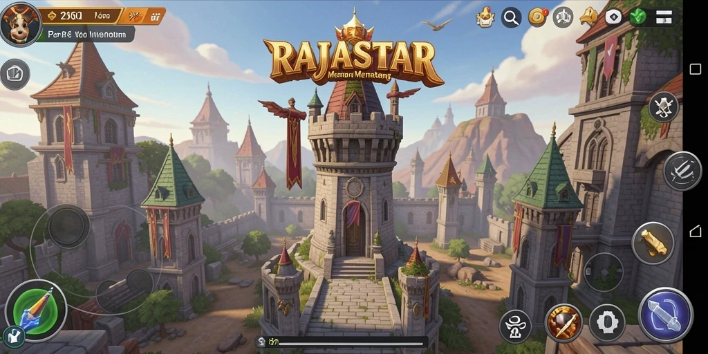 Tampilan gameplay menawan di RAJASTAR saat membangun menara pertahanan.