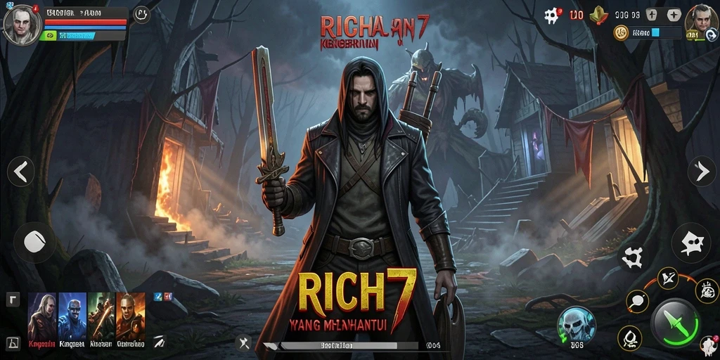 Screenshot gameplay RICH7 menampilkan suasana mencekam di lingkungan gelap.