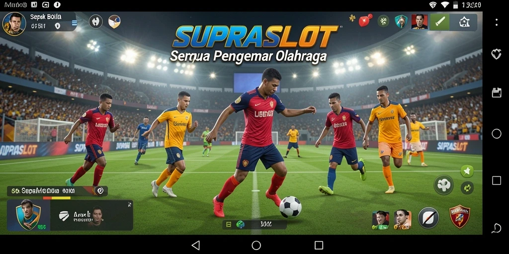 Tampilan gameplay seru di SUPRASLOT dengan aksi sepak bola mendebarkan.