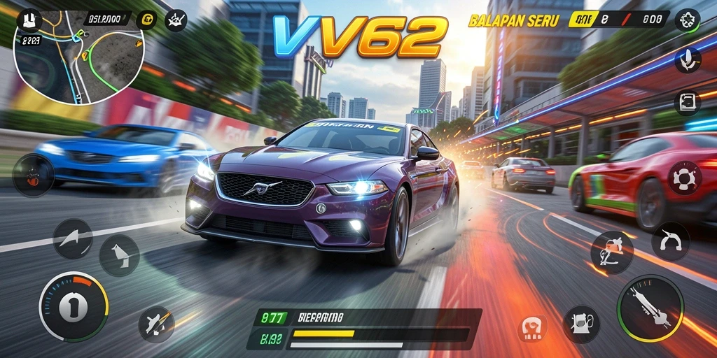 Tangkapan layar gameplay menunjukkan mobil melaju kencang di lintasan balapan.